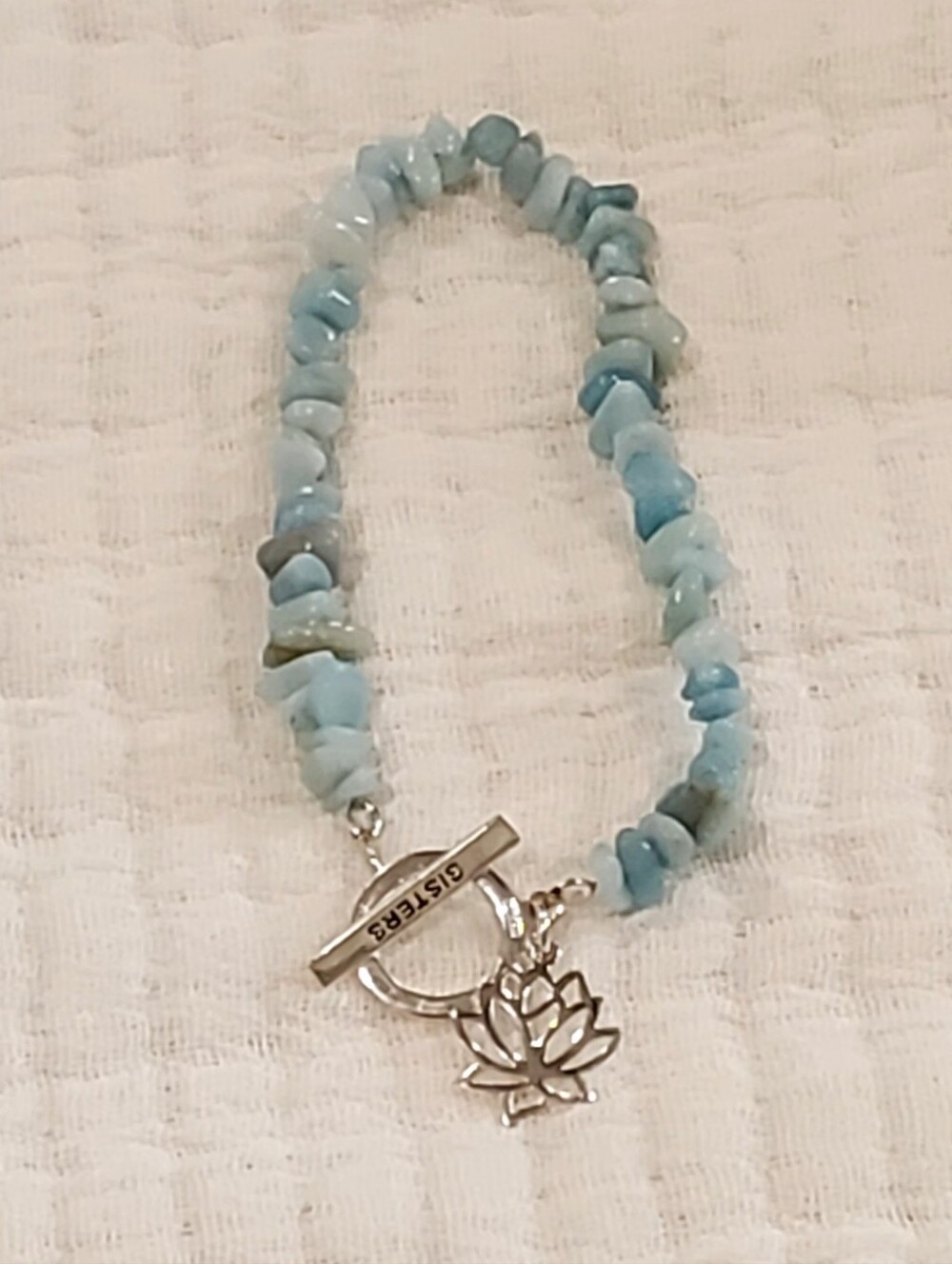 Larimar Stone Chip 925 Silver "SISTERS" Toggle Bracelet, 7.5" Stretchy, EUC